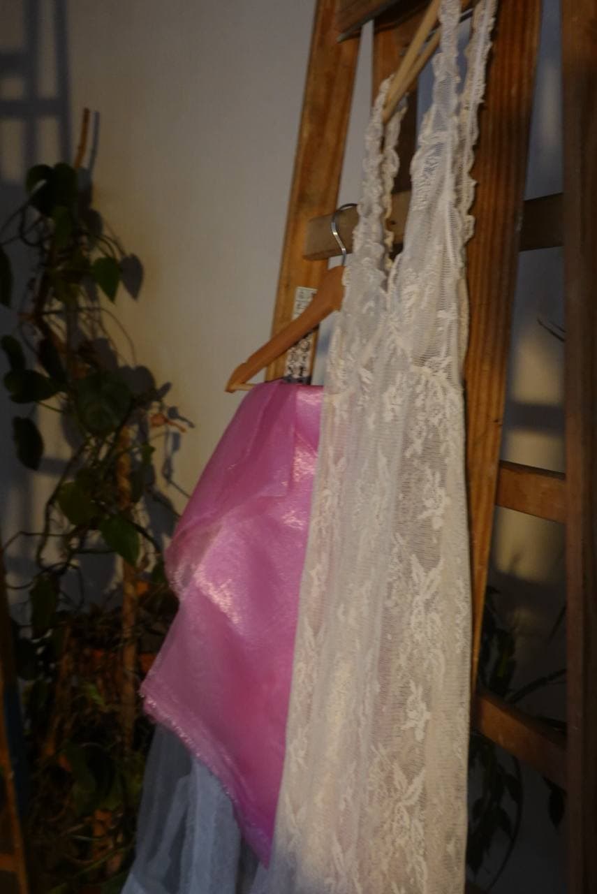 Pink and lace garments on ladder
